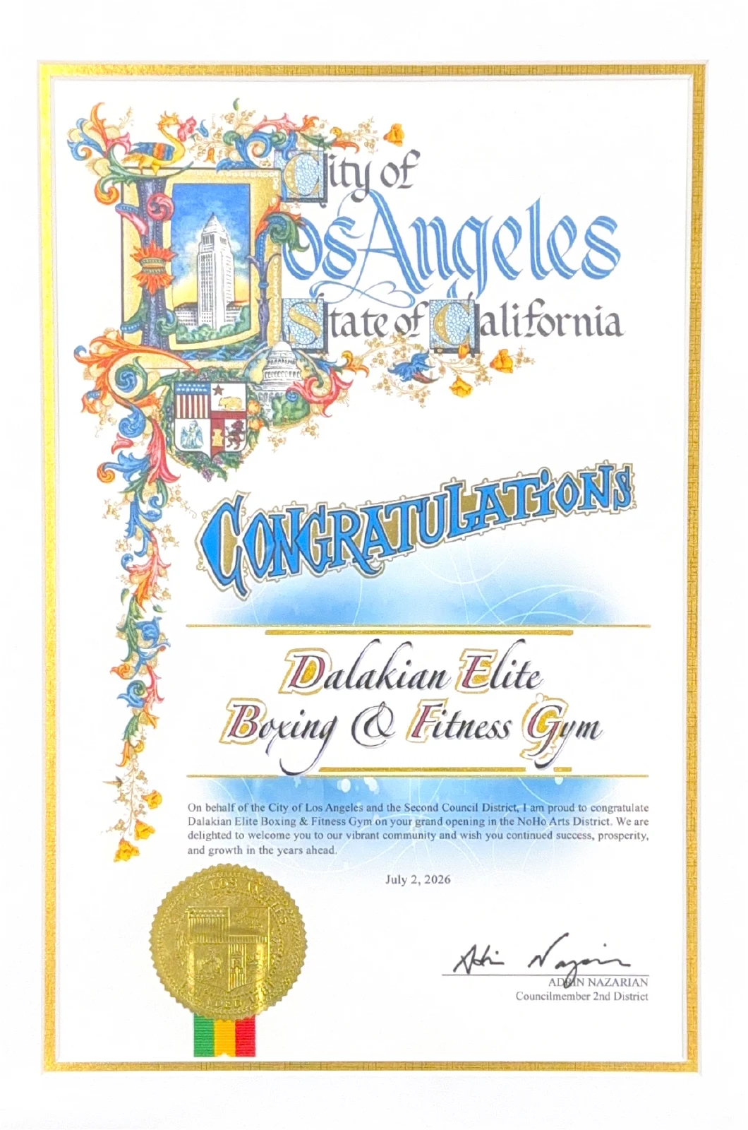 City of Los Angeles certificate congratulating Dalakian Elite Boxing & Fitness Gym on its grand opening, dated July 2, 2026 and signed by Councilmember Adrin Nazarian