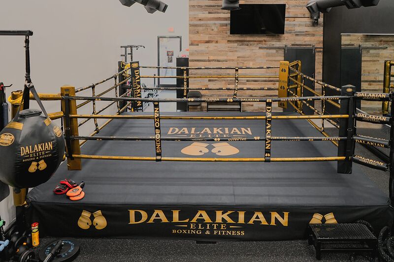 The front of the ring, its apron printed DALAKIAN ELITE BOXING & FITNESS in gold, red and orange pads on the edge of the canvas and a black and gold uppercut bag hanging at the left
