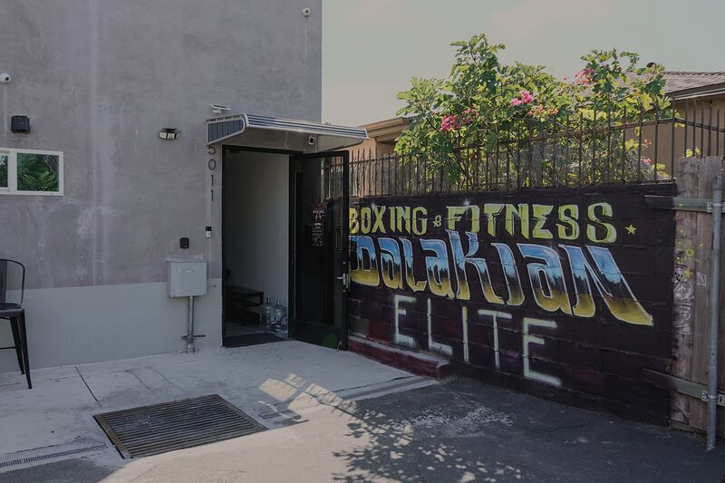 The back entrance at 5011: an open door under a small awning, next to a wall painted BOXING & FITNESS DALAKIAN ELITE in blue and gold